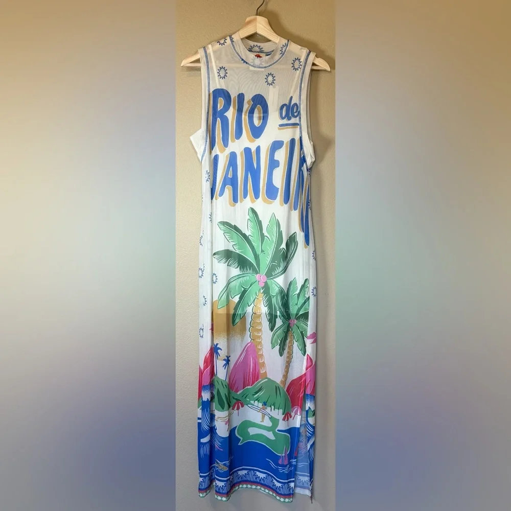 Farm Rio Rio De Janeiro Graphic Mesh Midi Dress Multicolor NWT Size XS - Picture 2 of 11